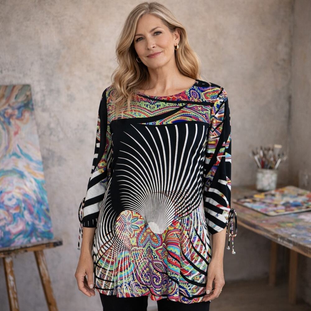 IC by Connie K Black Multi Color Floral Paisley Stretch Knit Top Medium